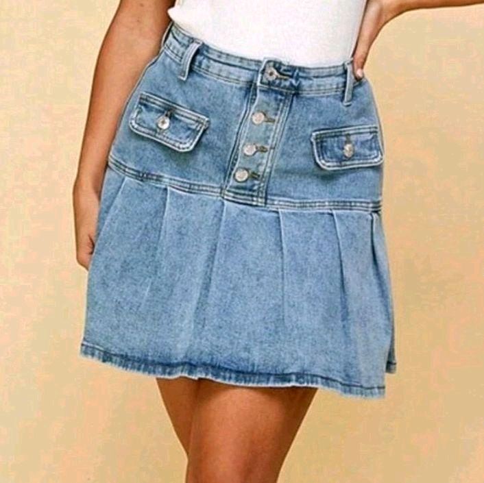 Pleated Denim Skirt