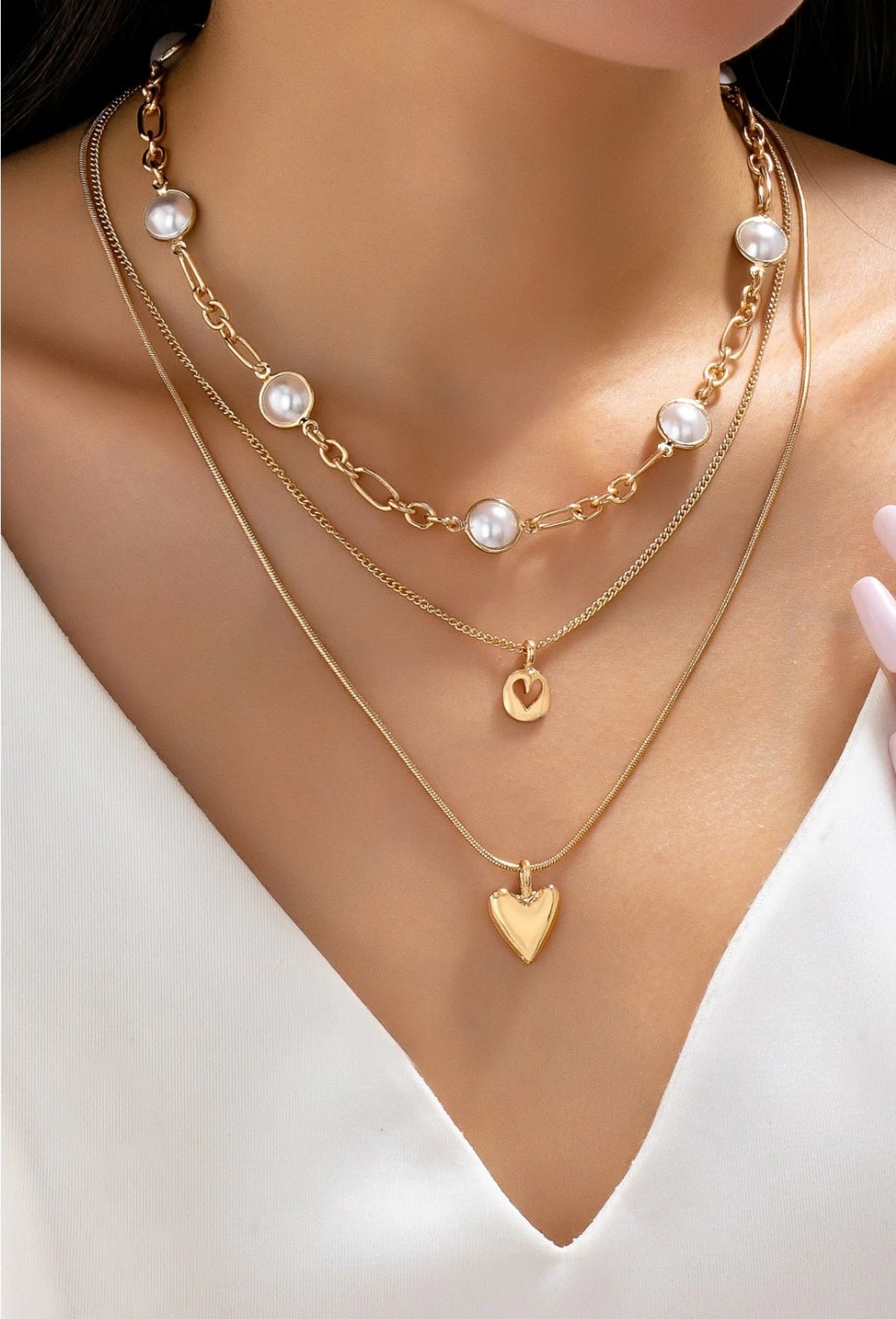 Triple layered Pearl and Heart Necklace - Goldie B & Co Boutique  